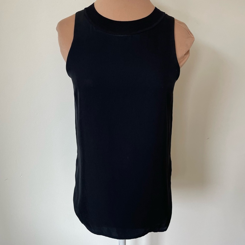 Vince Black Triacetate Sleeveless Ribbed Knit Trim Side Slit Tank Top NWT XXS